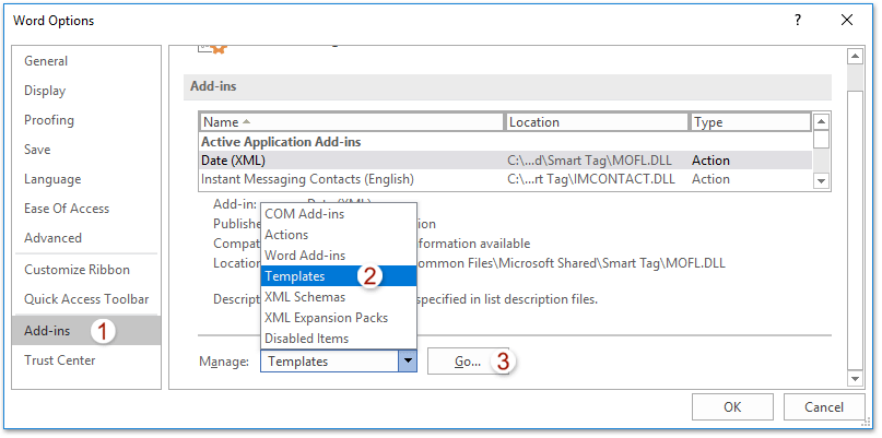 MS Word Dialgoue Box for Applying a New Template to an Existing Document